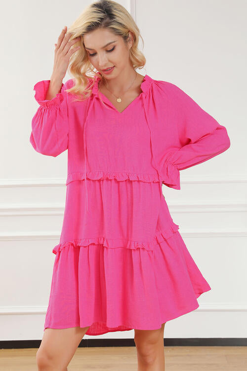 Tie Neck Flounce Sleeve Tiered Dress