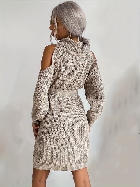 Cold-Shoulder Turtleneck Sweater Dress