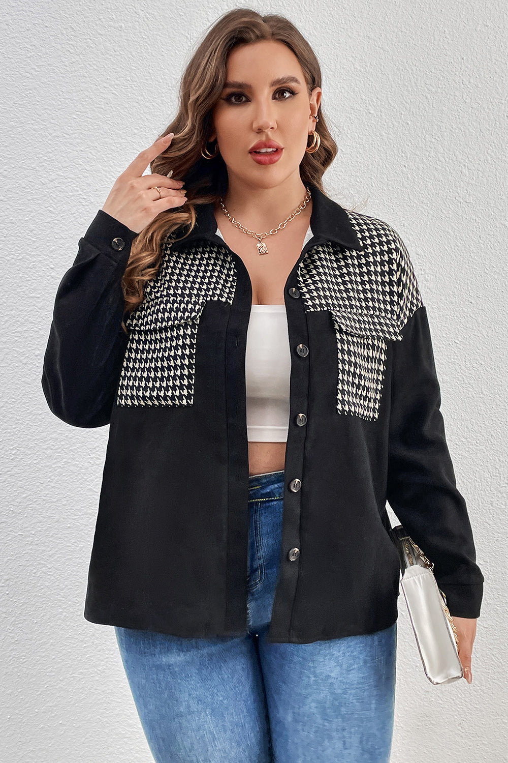 Plus Size Houndstooth Drop Shoulder Shacket