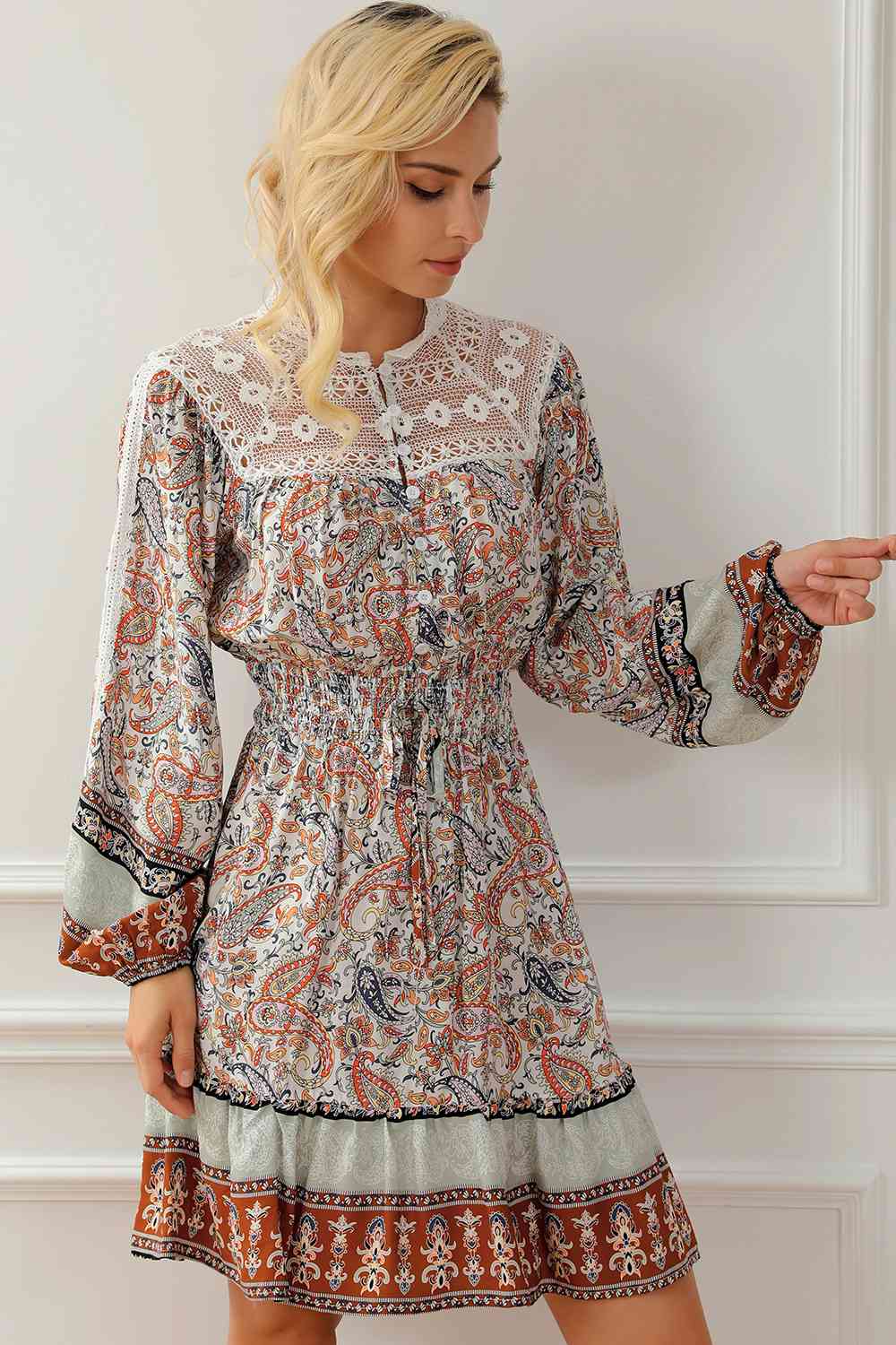 Printed Lace Detail Balloon Sleeve Dress