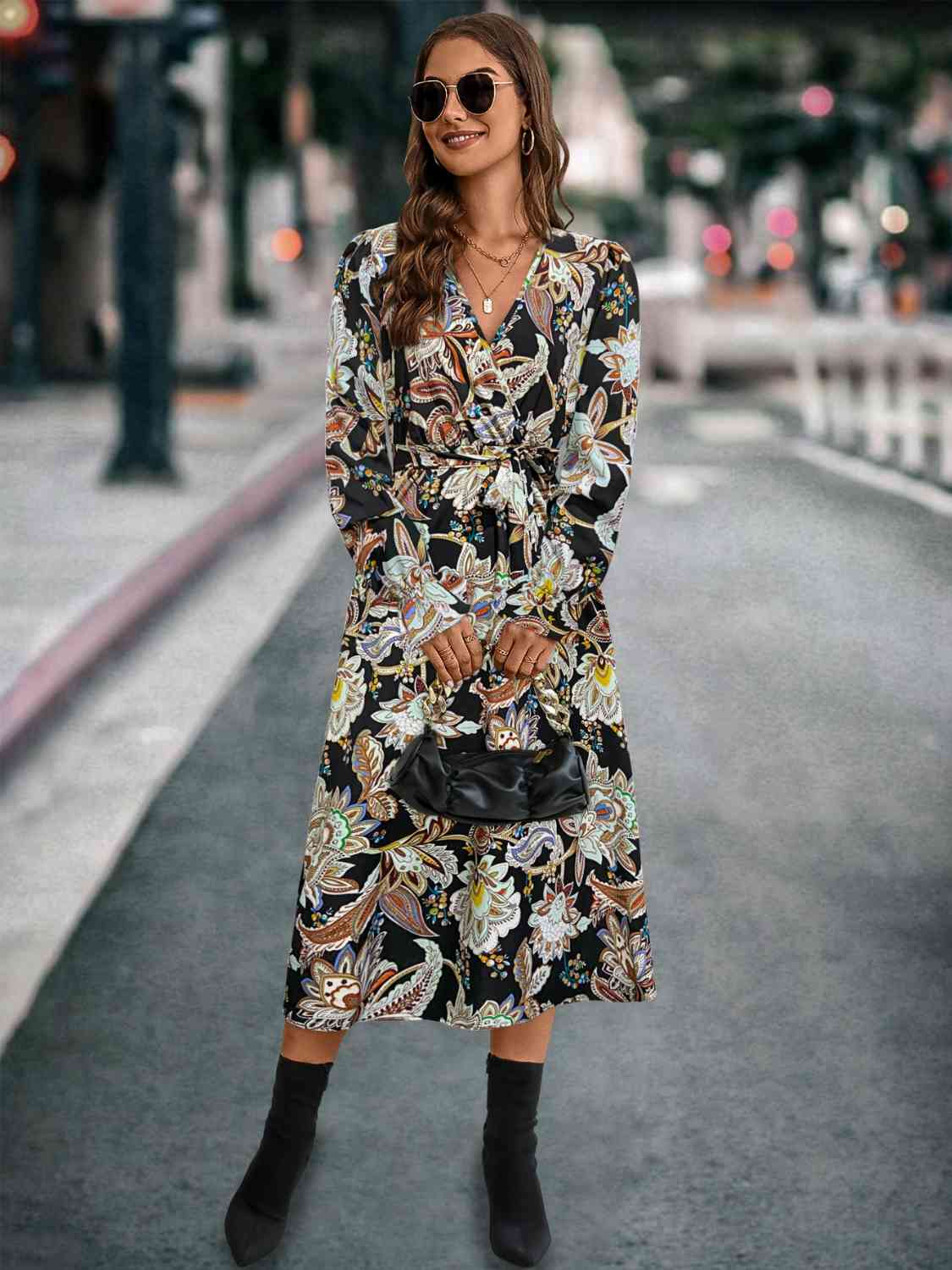 Printed Tie Front Surplice Flounce Sleeve Dress