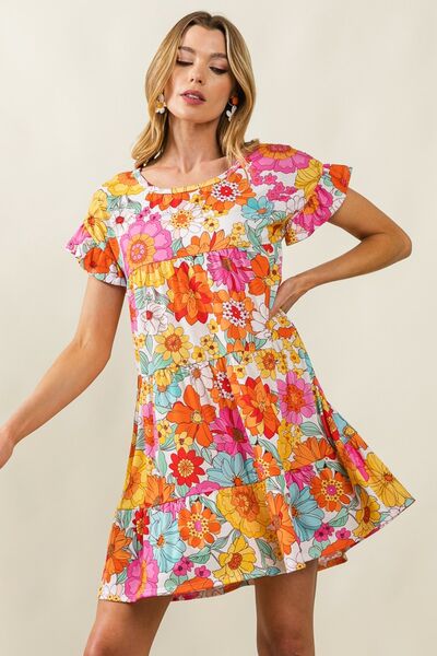 BiBi Floral Short Sleeve Tiered Dress