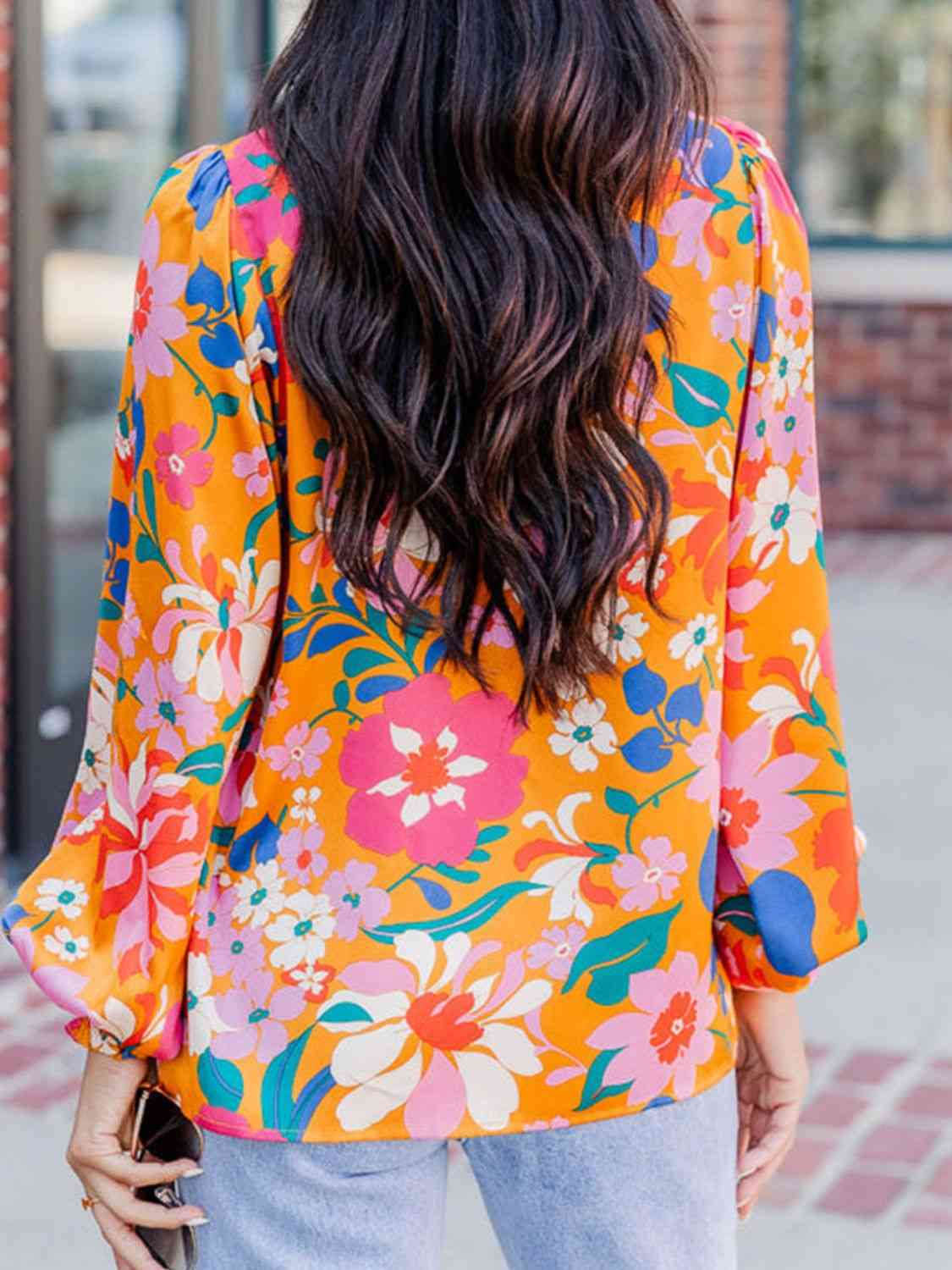 Floral Print Collared Neck Lantern Sleeve  Shirt