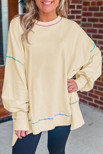 Slit Round Neck Lantern Sleeve Sweatshirt