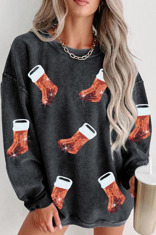 Sequin Christmas Boot Round Neck Sweatshirt