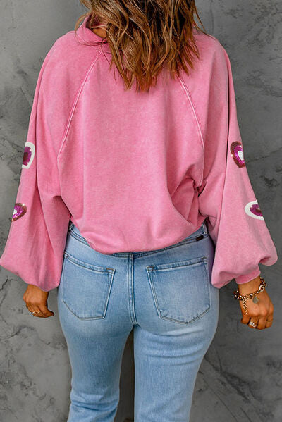 Heart Sequin Half Snap Mineral Wash Sweatshirt