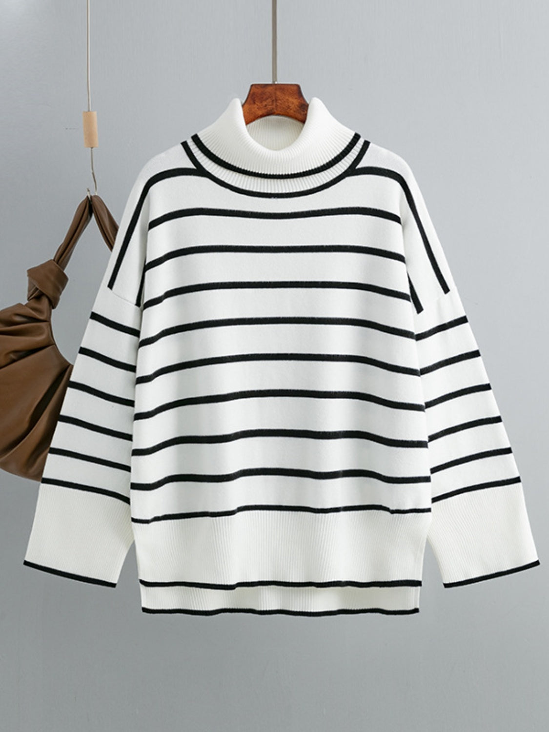 Striped Drop Shoulder Turtleneck Sweater