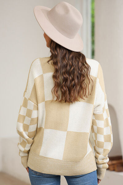 Plaid Round Neck Dropped Shoulder Sweater