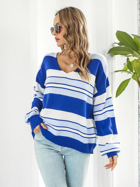 Striped V-Neck Long Sleeve Knit Top