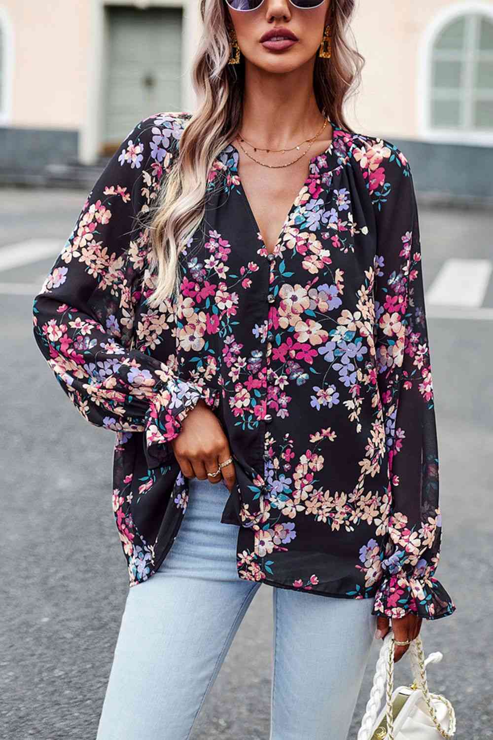 Bluse mit Volantärmeln und Blumendruck