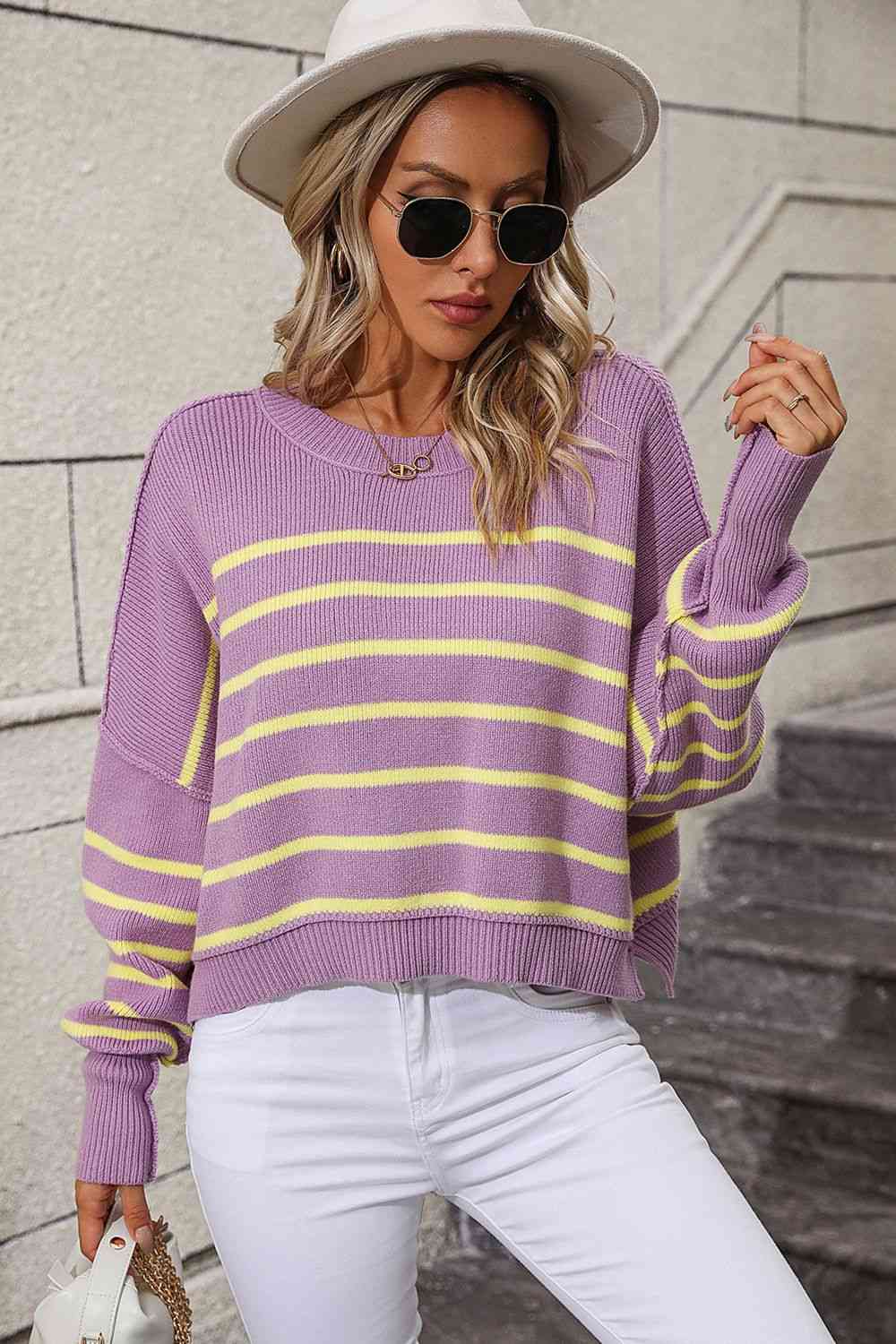 Striped Dropped Shoulder Round Neck Pullover Sweater