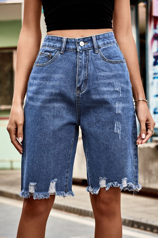 Jeansshorts mit hoher Taille und Taschen, Saum unversäubert