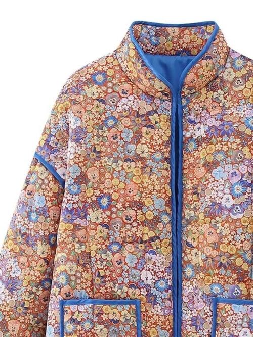 Floral Open Front Puffer Jacket with Pockets