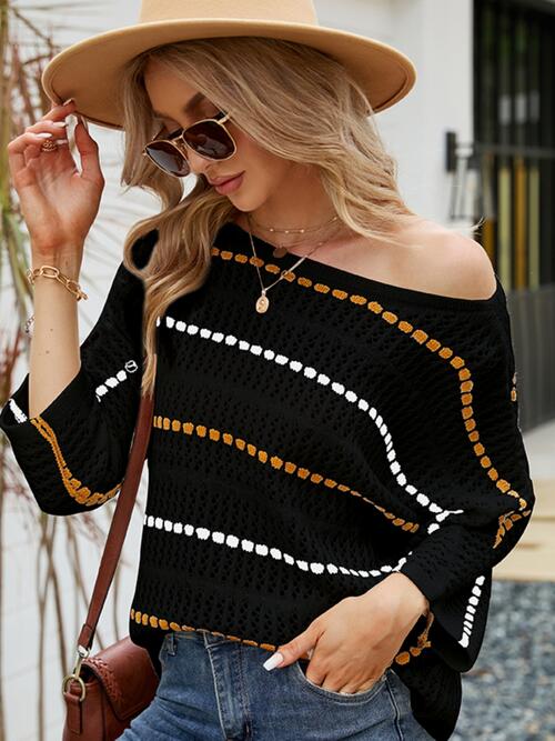 Eyelet Striped Round Neck Knit Top