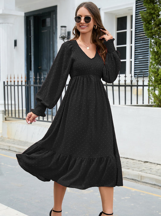 Swiss Dot V-Neck Smocked Lantern Sleeve Ruffle Hem Dress