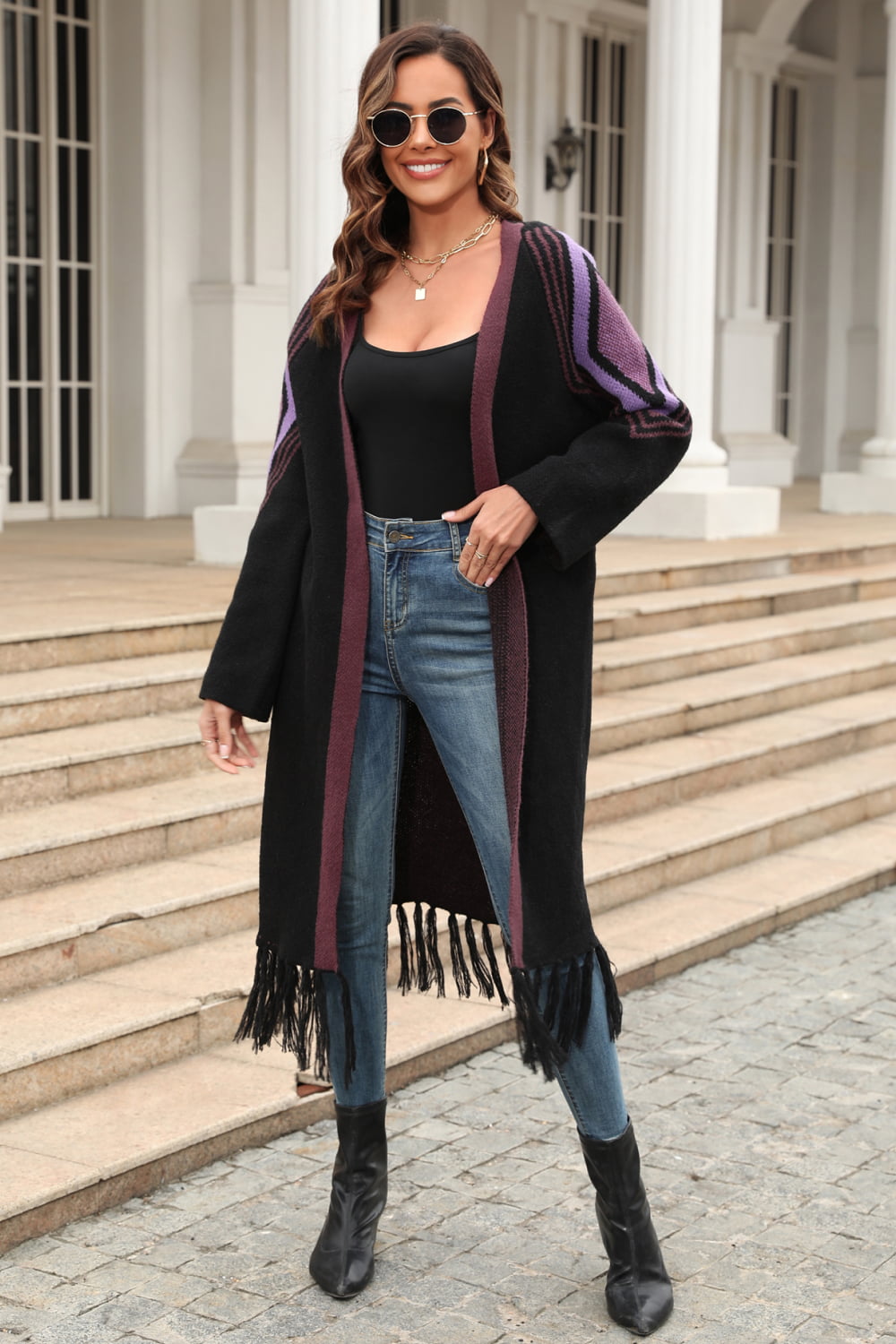 Double Take – Duster-Cardigan mit geometrischem Fransensaum und offener Vorderseite