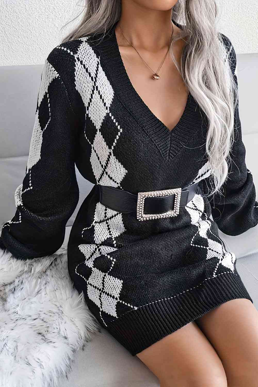 Geometric V-Neck Long Sleeve Sweater Dress