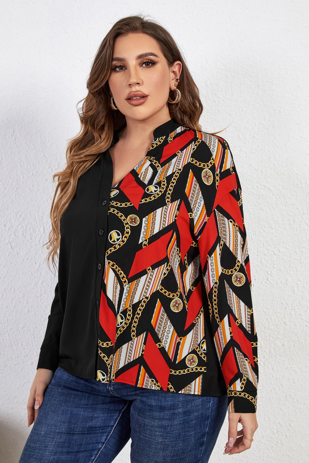 Melo Apparel Plus Size Contrast Color Notched Neck Shirt