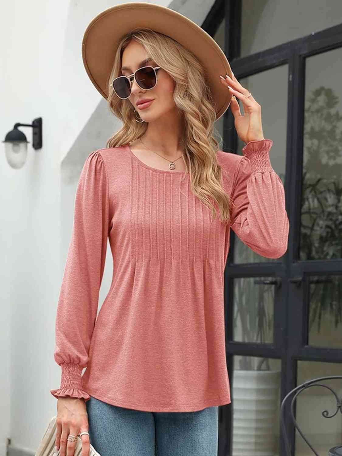 Smocked Round Neck Lantern Sleeve Blouse