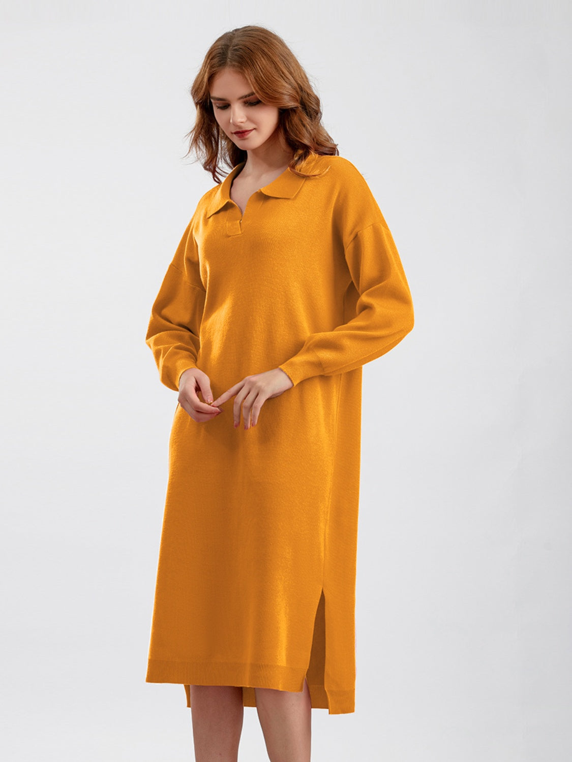 Johnny Collar Long Sleeve Slit Sweater Dress