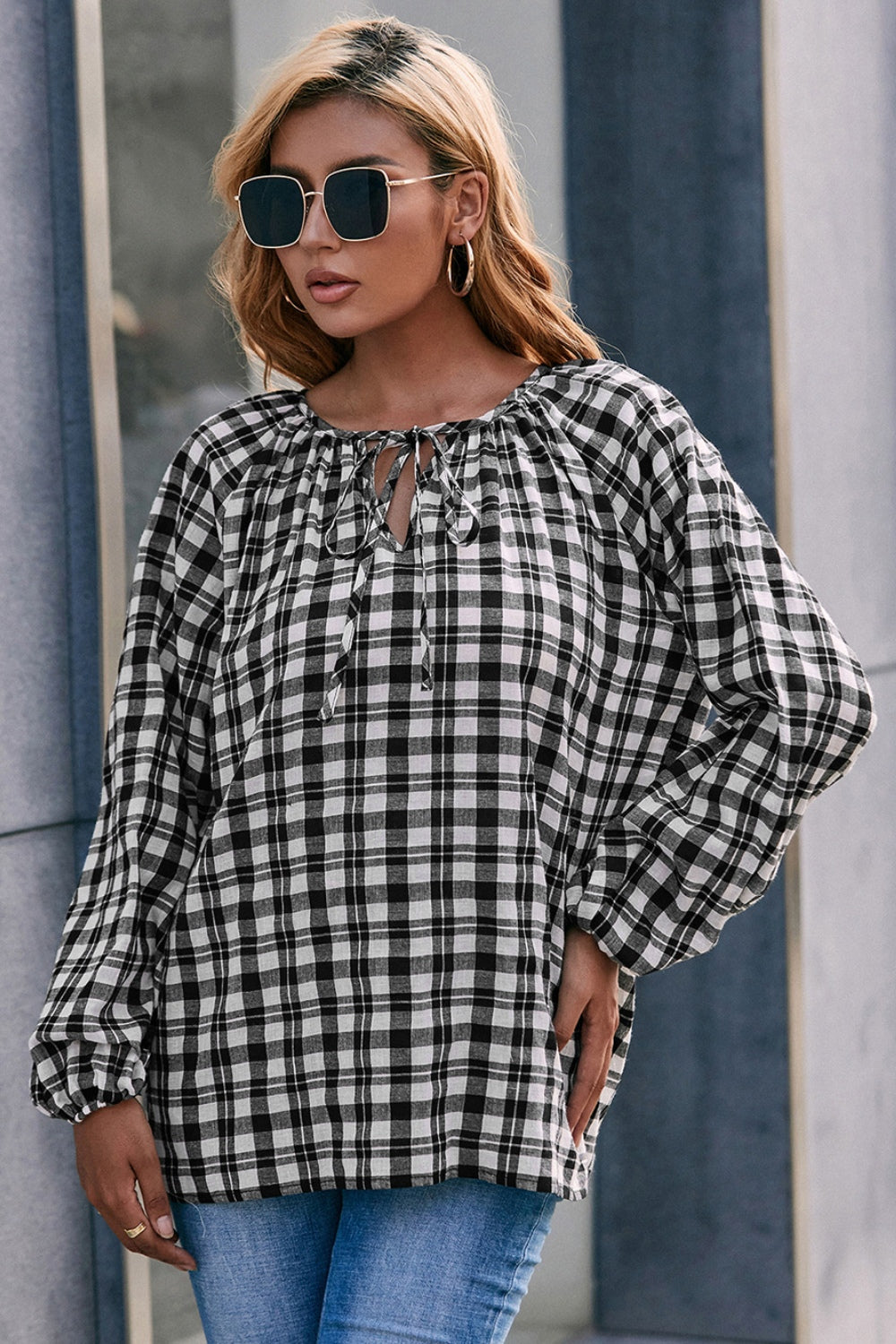 Plaid Tie Neck Balloon Sleeve Blouse