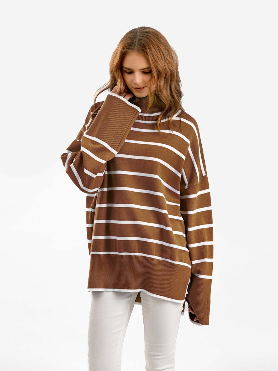 Striped Drop Shoulder Turtleneck Sweater