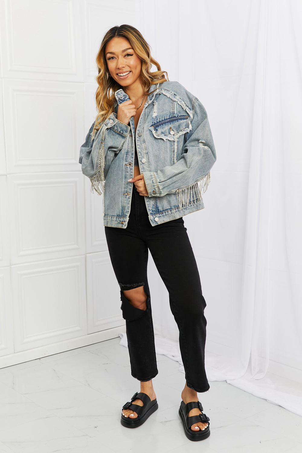 POL Time To Shine Twill Denim Fringe Jacket