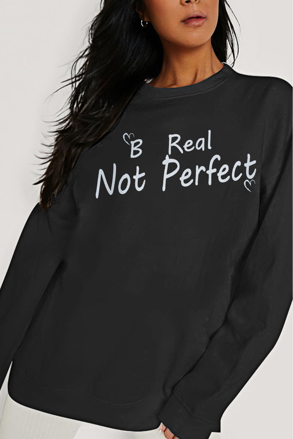 Simply Love Sweatshirt mit Grafik „BE REAL NOT PERFECT“ in voller Größe