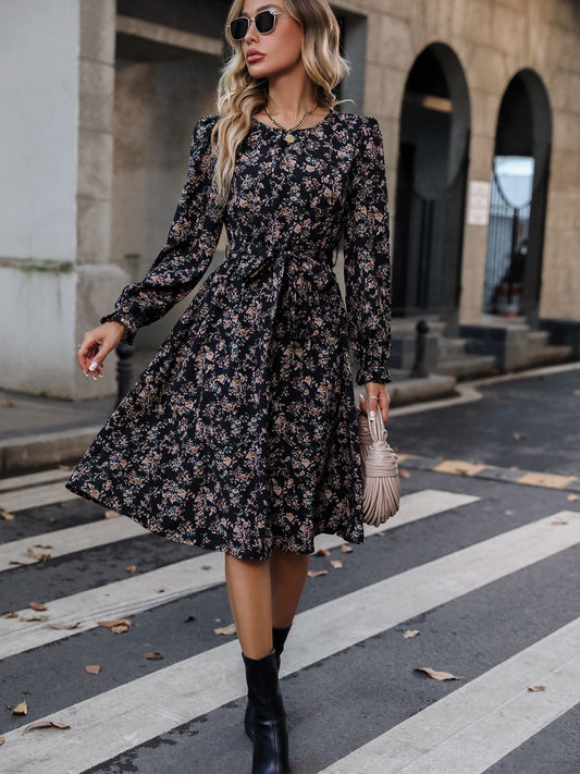 Printed Tie Belt Balloon Sleeve Dress