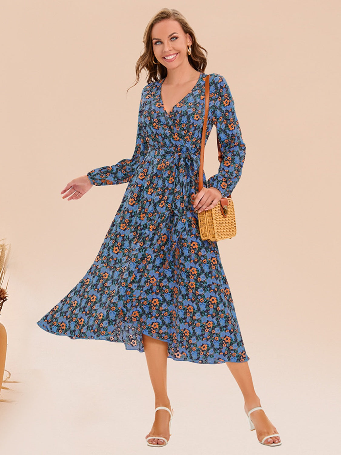 Full Size Printed Surplice Long Sleeve Dress