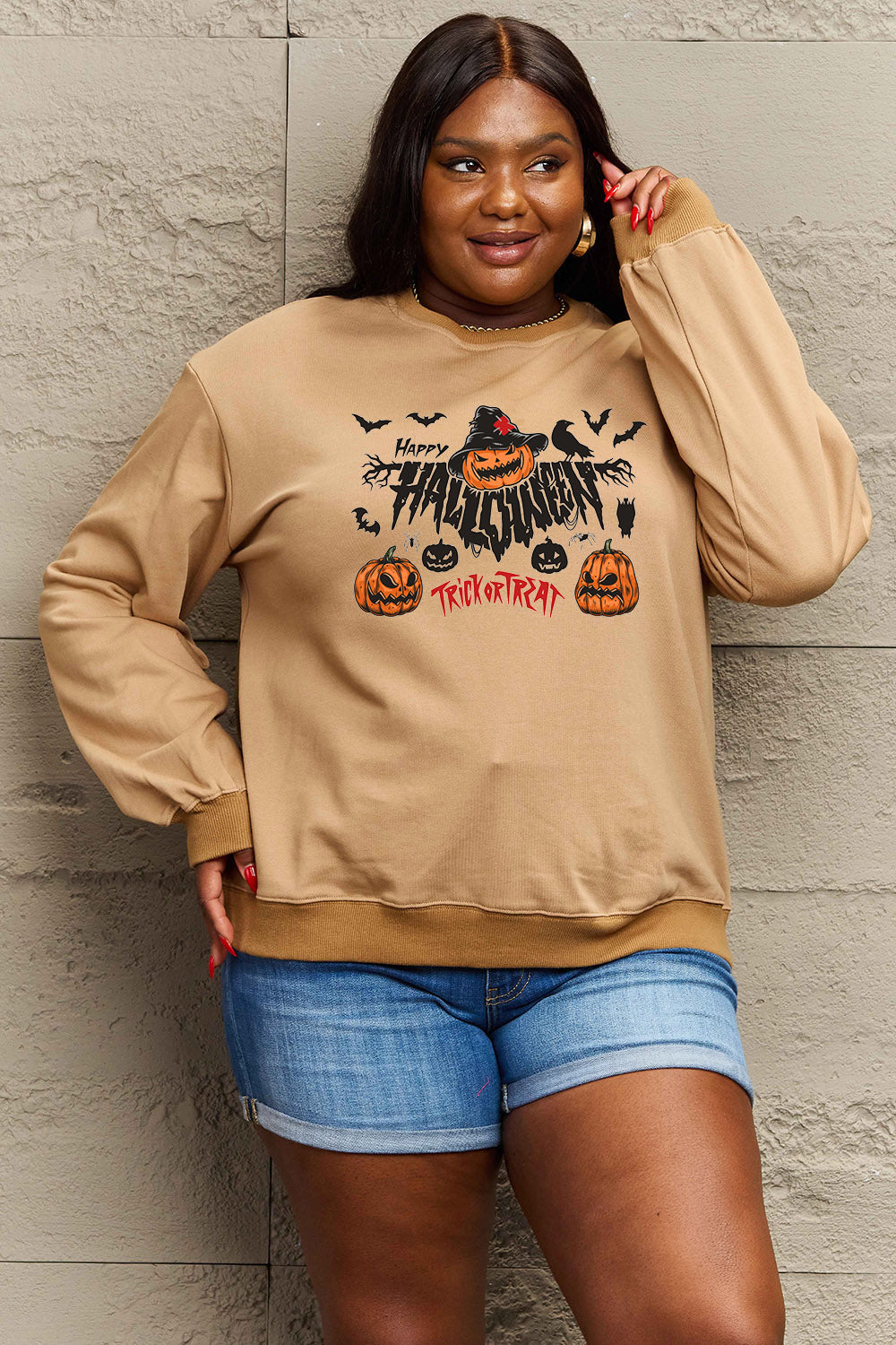 Simply Love Full Size HAPPY HALLOWEEN TRICK OR TREAT Graphic Sweatshirt