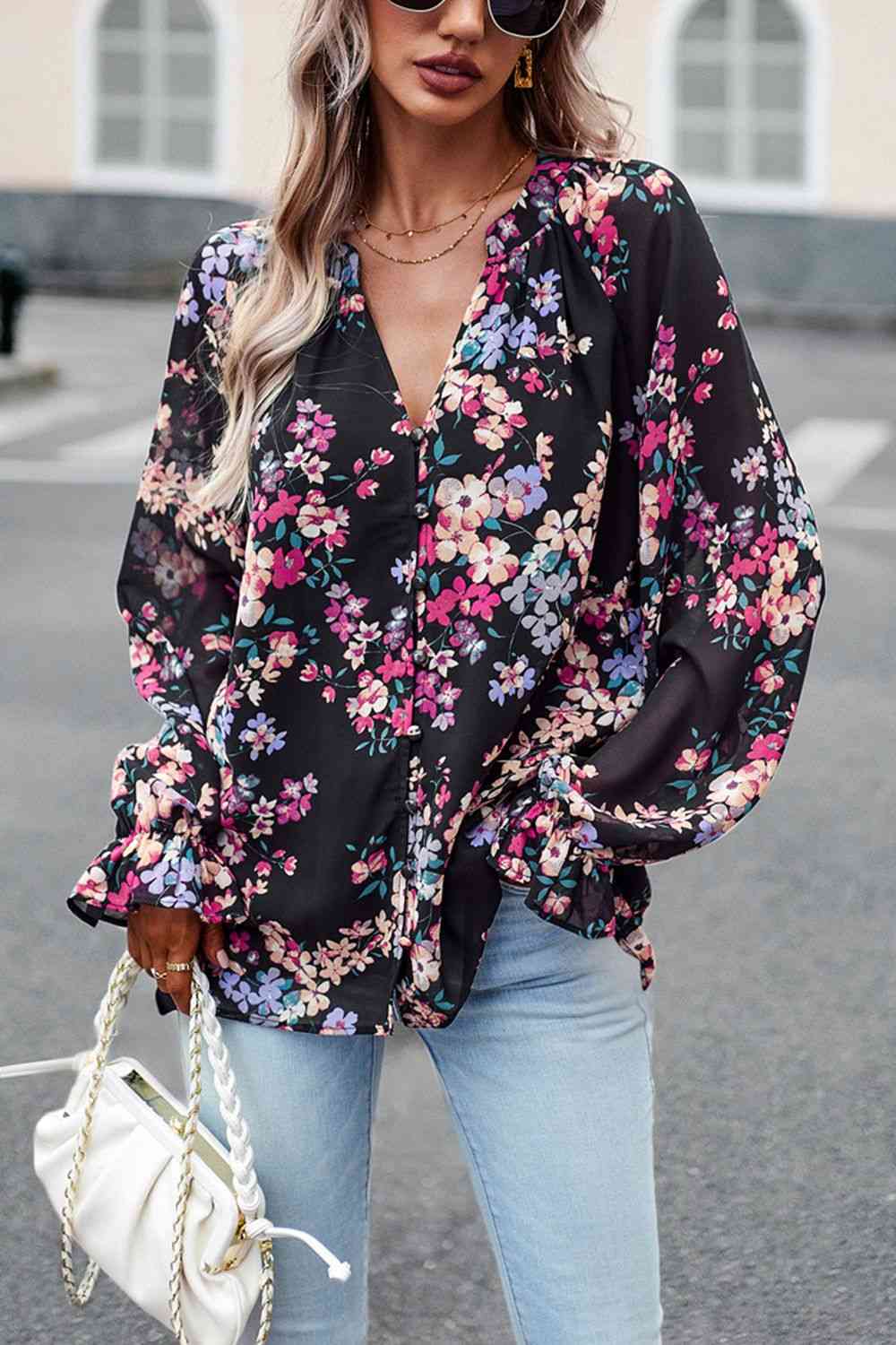 Bluse mit Volantärmeln und Blumendruck