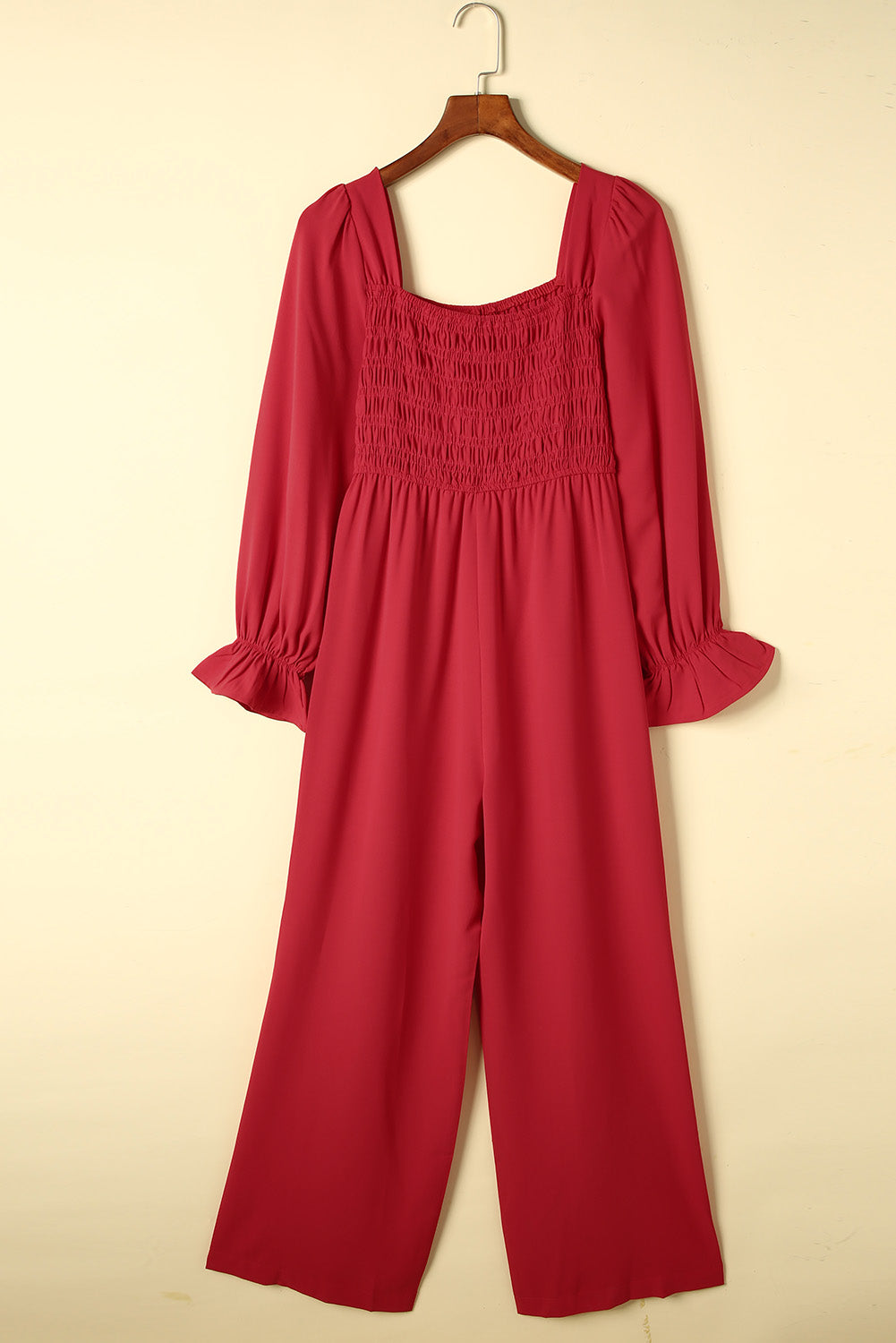 Smocked Long Flounce Sleeve Square Neck Jumpsuit