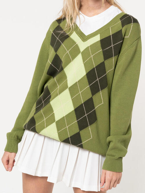 Geometrischer Langarmpullover mit V-Ausschnitt