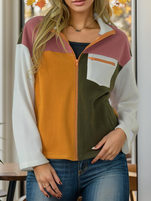 Langärmlige Jacke mit Reißverschluss und Farbblockdesign