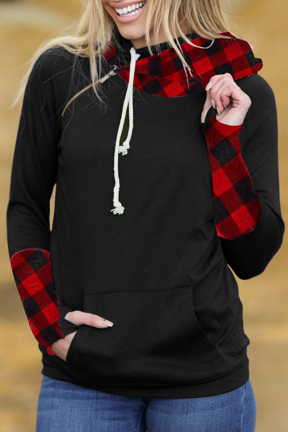 Zip Detail Plaid Hoodie