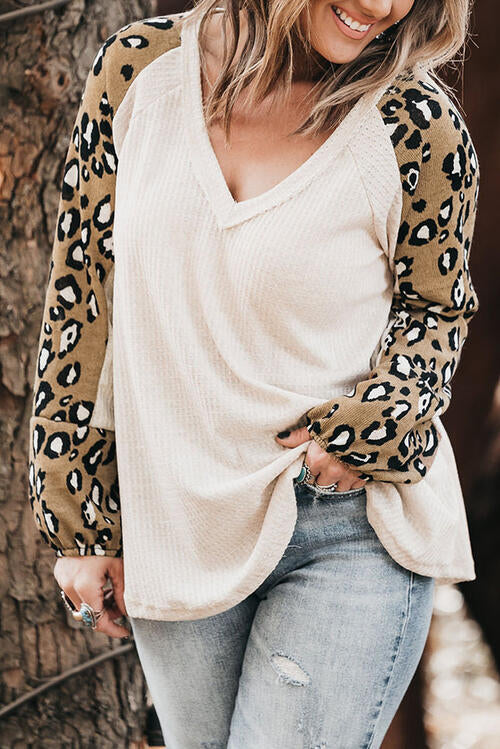 Plus Size Leopard V-Neck Raglan Sleeve Blouse