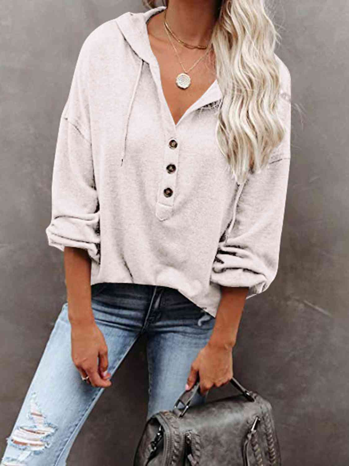 Buttoned Drop Shoulder Hoodie