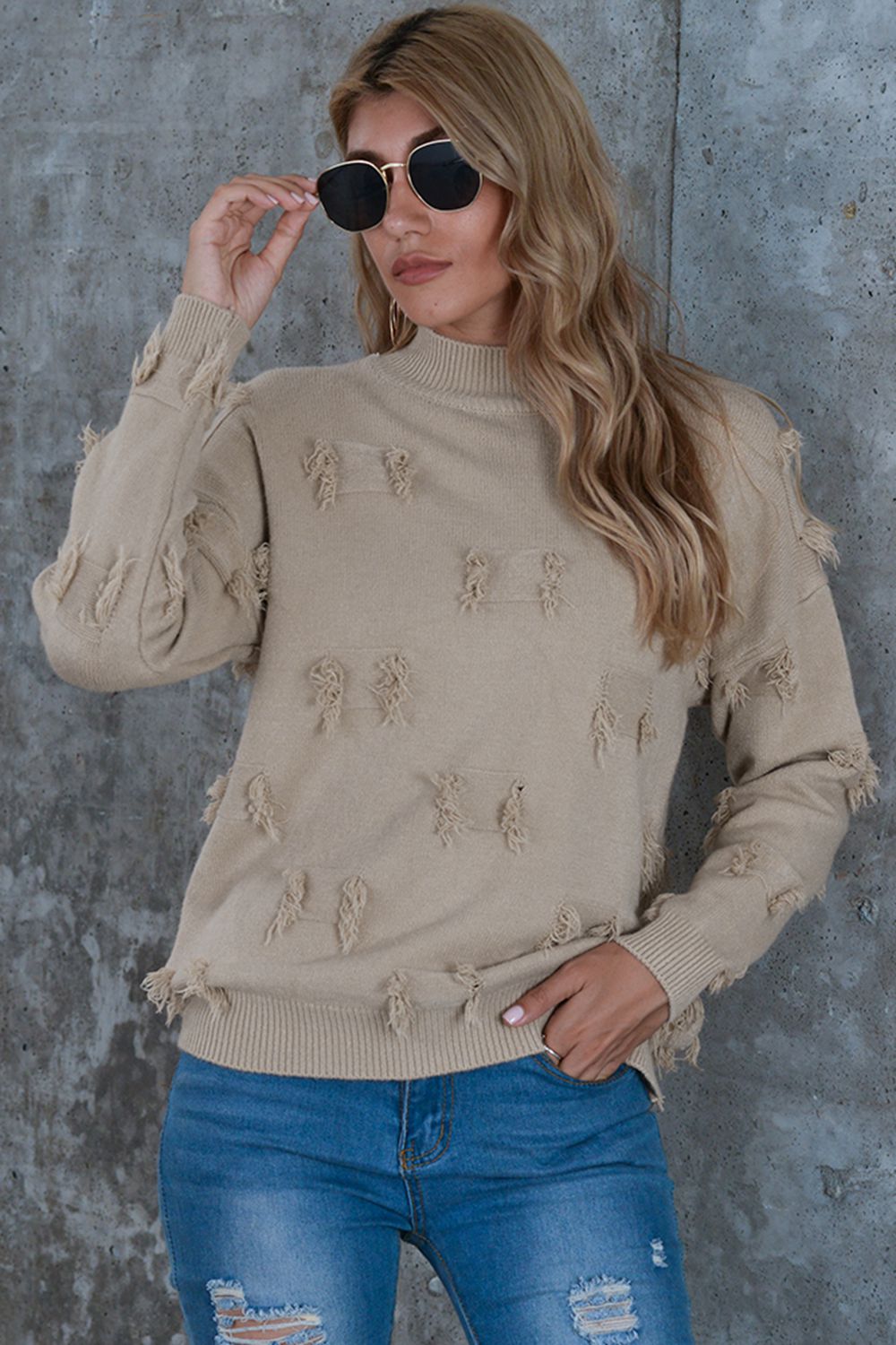 Pullover mit Rollkragen und ausgefranstem Besatz