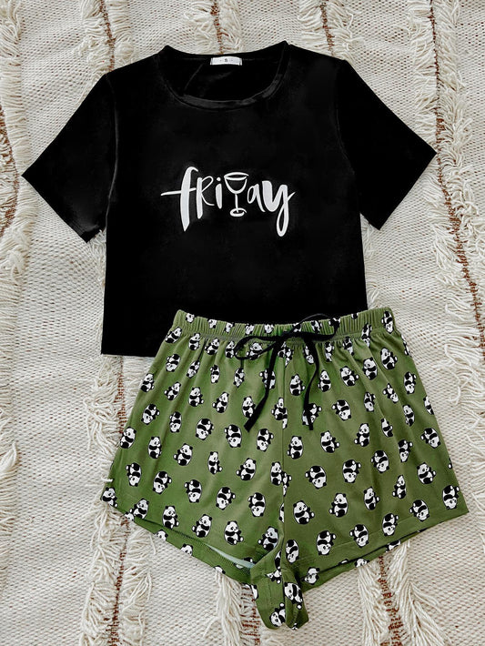 Lounge-Set aus T-Shirt mit Grafik und Shorts mit Panda-Print