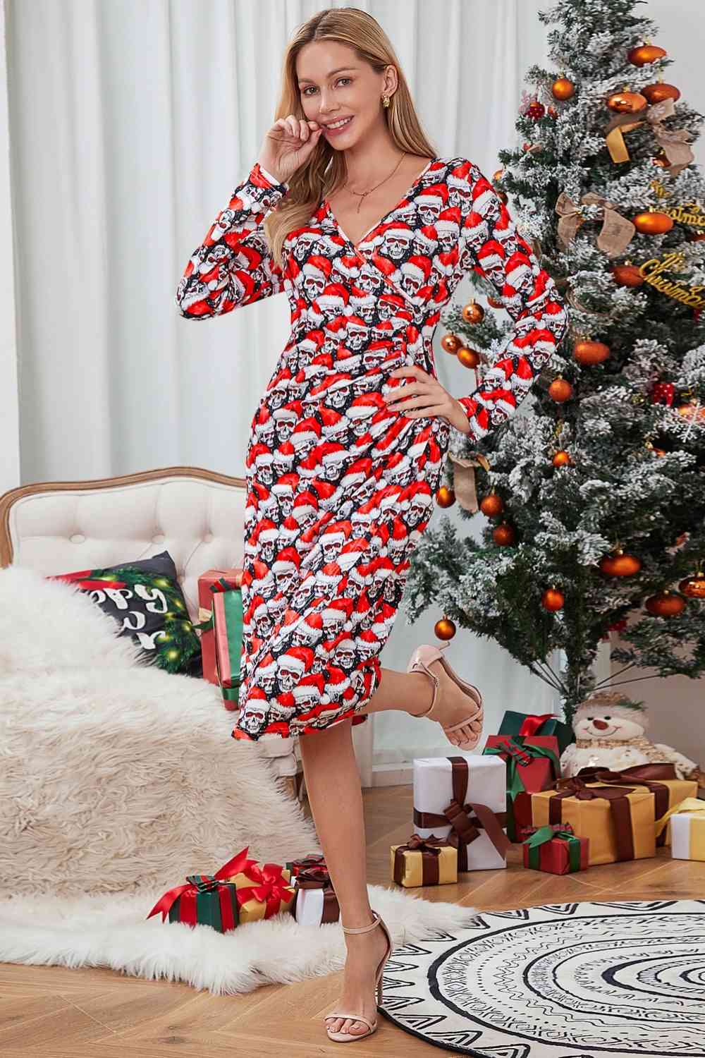 Langärmliges Kleid mit Weihnachtselement-Print