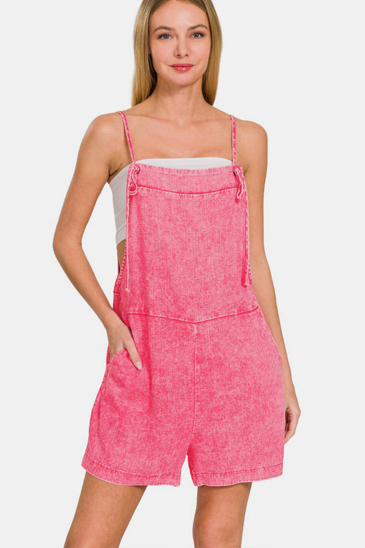 Zenana Washed Linen Knot Strap Rompers