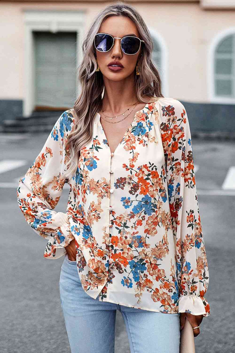 Bluse mit Volantärmeln und Blumendruck