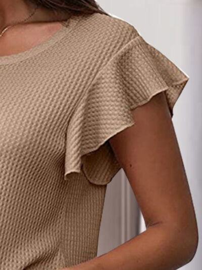 Waffle-Knit Round Neck Cap Sleeve Blouse