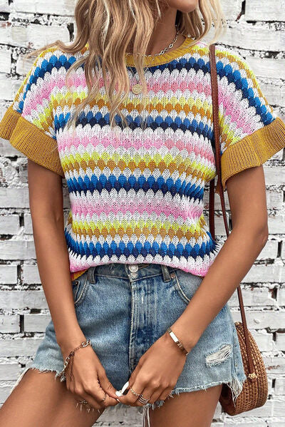 Striped Round Neck Short Sleeve Sweater