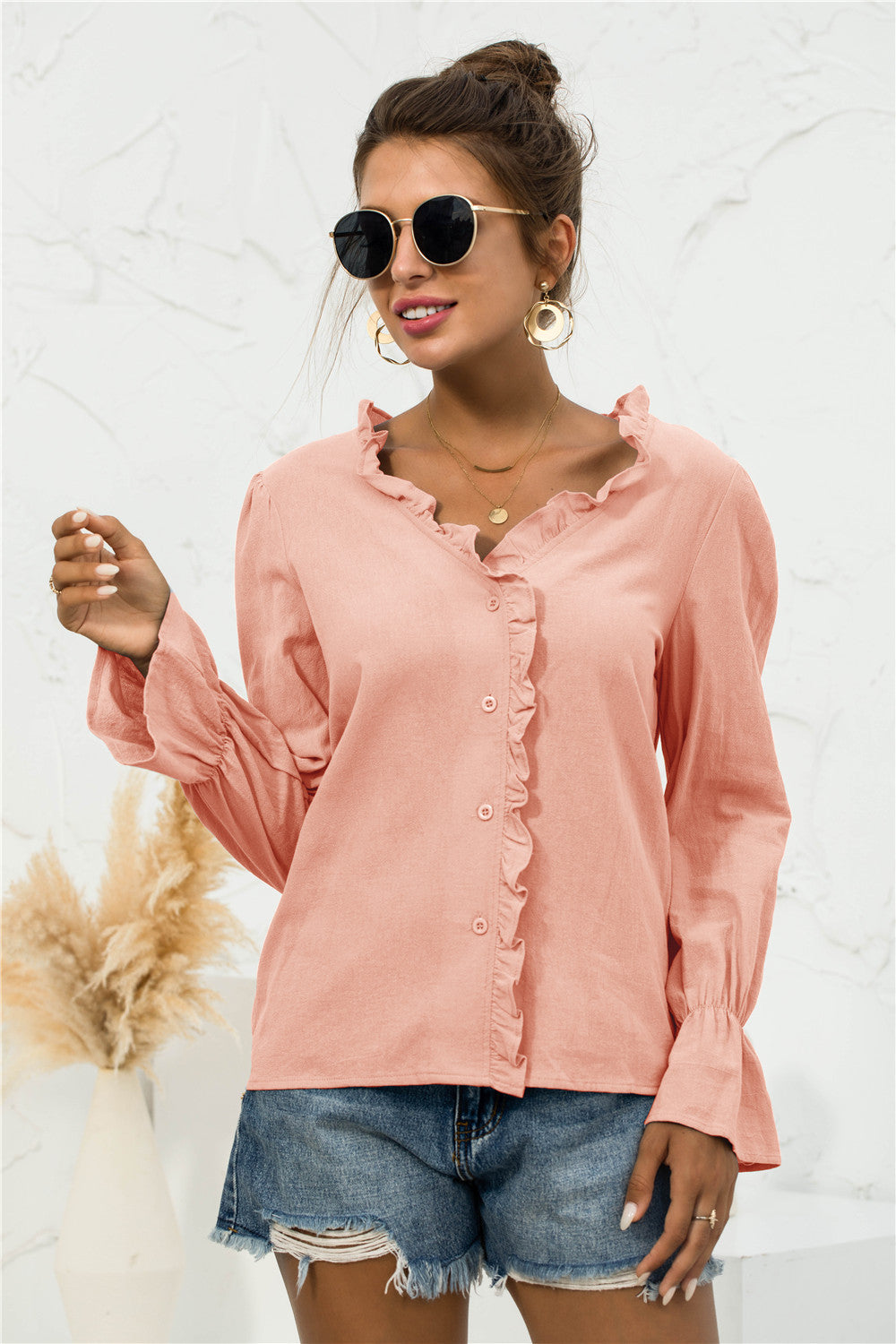 Frill Trim V-Neck Flounce Sleeve Shirt