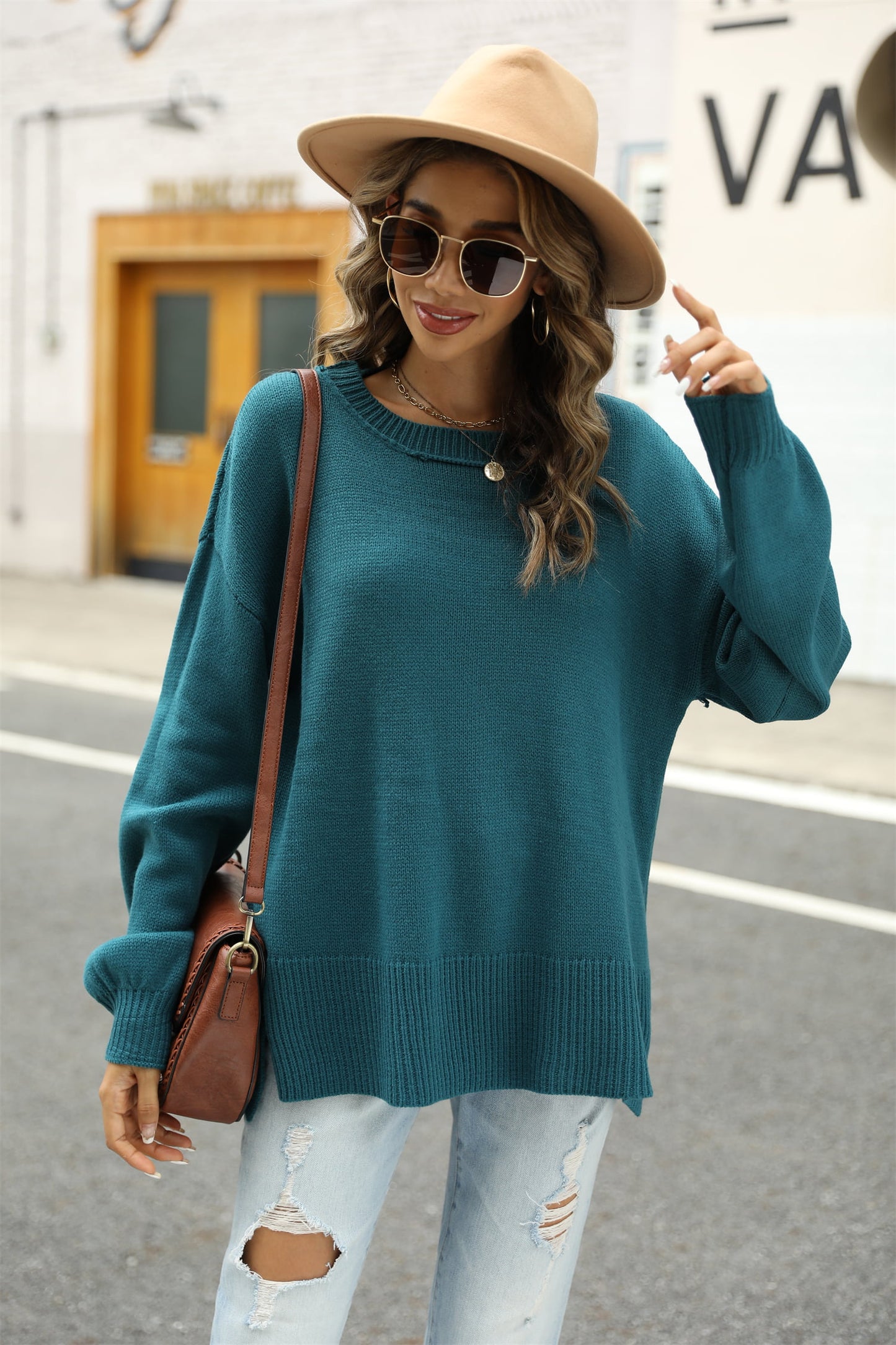 Round Neck Dropped Shoulder Slit Sweater