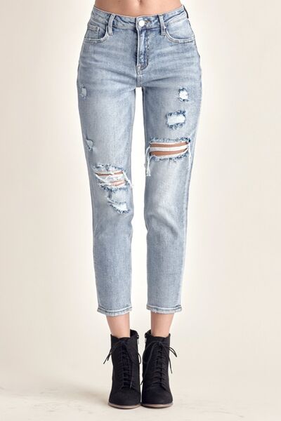 RISEN – Schmal geschnittene Distressed-Jeans