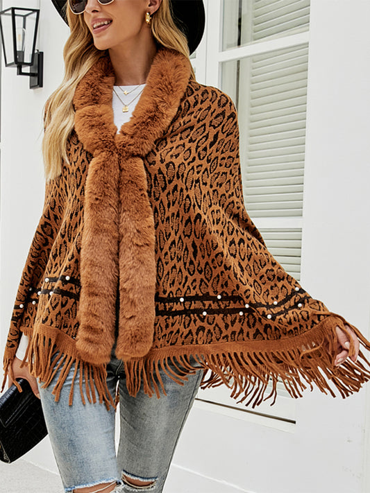 Poncho mit Leopardenmuster und Fransensaum