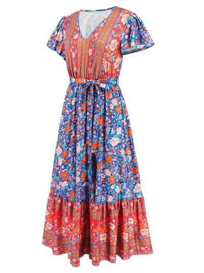 Tied Printed V-Neck Short Sleeve Dress